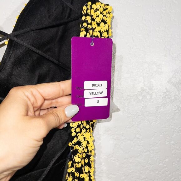 NWT Abby Paris x Lucci Lu 90163 Black‎ & Yellow Sequins High Slit Gown Size 8 - Picture 8 of 11